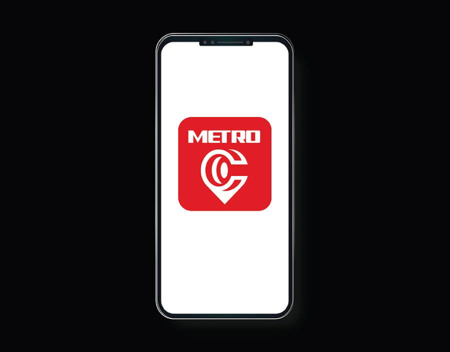 Graphic design image of a smartphone with a large METRO curb2curb app icon shown in the screen area.